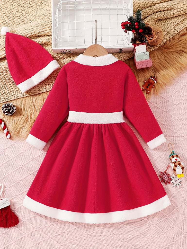 Cute Girls Holiday Style Santa Dress + Plush Christmas Hat, Suitable For Fall/ Winter Daily & Outdoor Wear, Christmas Party Outfit, Perfect Gift