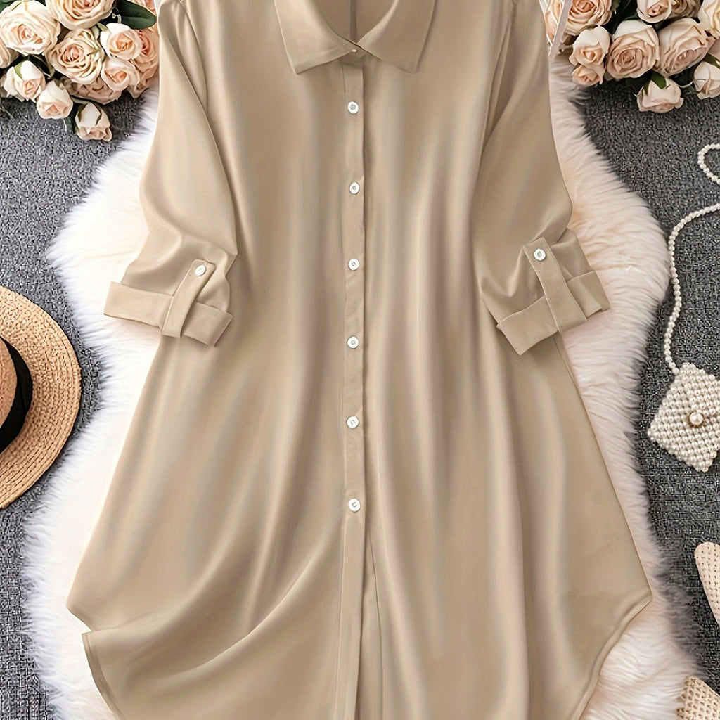 Plus Size Solid Collared Button Shirt - Relaxed Fit for Ultimate Comfort, Classic Long Sleeves, Stylish Solid Collar, and Button Front - Perfect for Transitioning Seasons (Spring & Fall), Designed Specifically for Plus Size Women