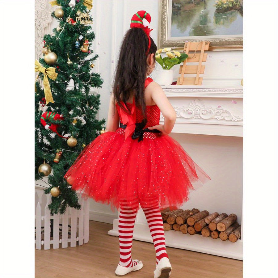 Santa Christmas Costume, Sleeveless Tulle Patchwork A-Line Dress + Long Stocking + Headband/Hat Cosplay Clothes