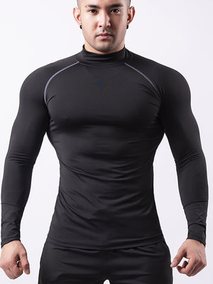 Mens High-Performance Color Block Compression Shirt - Moisture-Wicking, Ergonomic Fit for Hiking, Jogging, Cycling - Fashionable Long Sleeve Turtle Neck Athletic Shirt for Outdoor Fitness & All-Weather Workouts