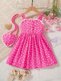 Toddler Girls Heart Graphic Lace Trim Button Pocket Princess Cami Dress With Bag For Party Kids Summer Clothes