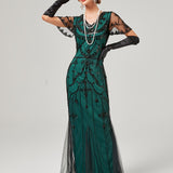 Vintage Long Length Embroidered Wedding Dress - Stunning Sequin Crew Neck Fitted Gown for Women - Polyester, No Elasticity, Woven, Perfect for Party, Banquet, Engagement, Ceremony and Special Occasions