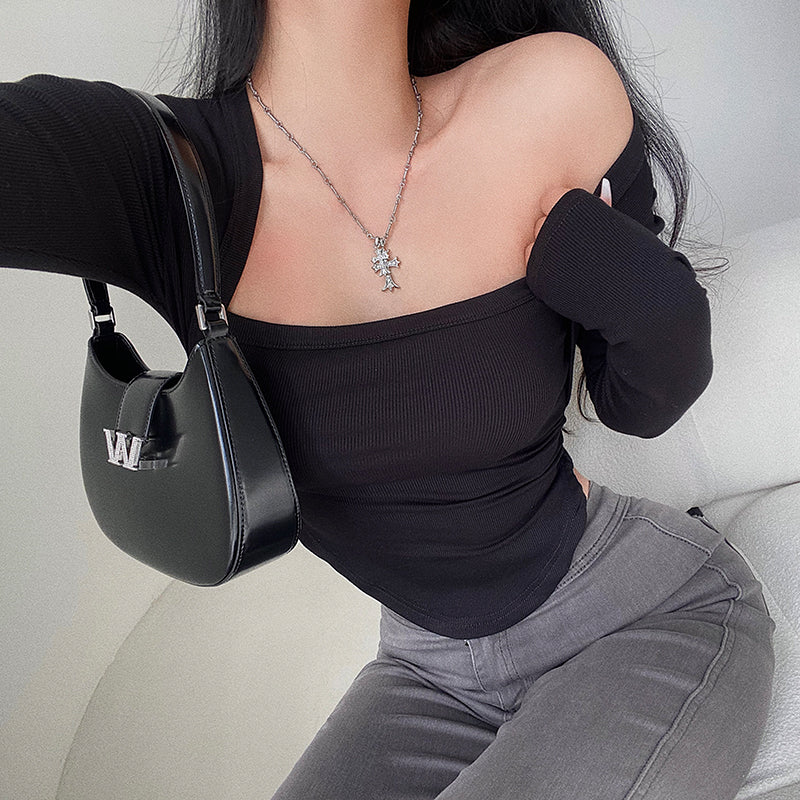 goosudu Angela Solid Color Square Neck Long Sleeve Slim Top