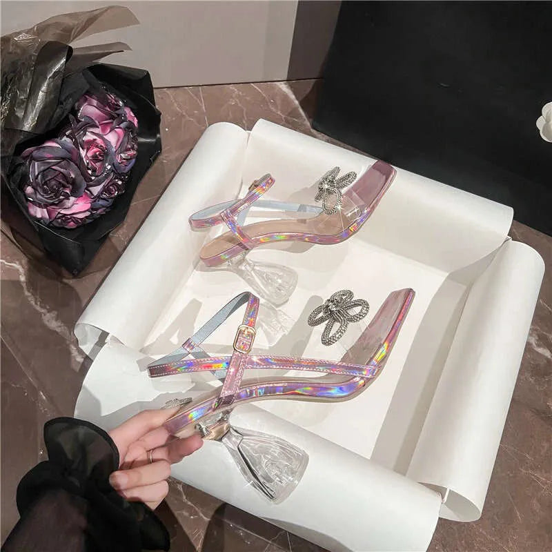 Summer New Rhinestone Bow Square Head One-Line Buckle High Heel Crystal Sandals Women Kq8