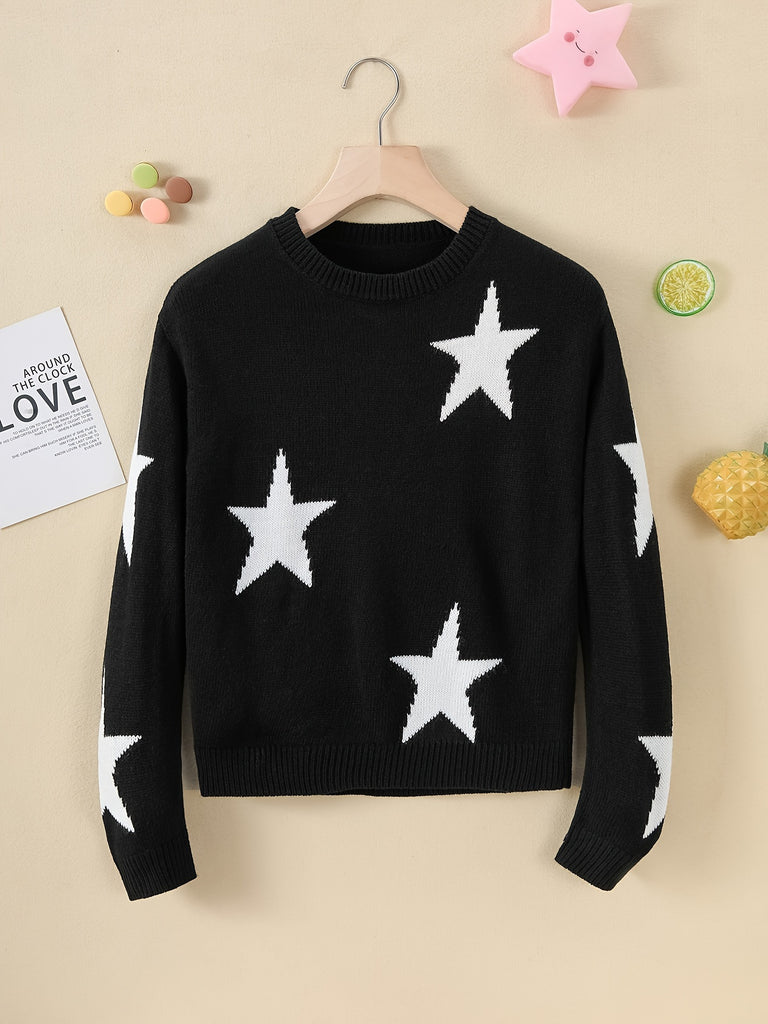 1pc Cozy Stars Pattern Crew Neck Sweater for Girls - Soft Casual Knit Pullover Jumper Top for Winter Fall Season - Girls' Warm and Comfortable Clothing for School Daily Wear