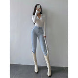 goosudu Galia Solid Color Denim High Waist Pencil Leg Skinny Jeans Pants