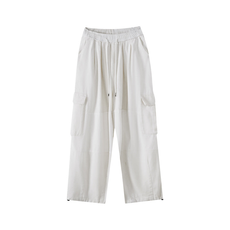 goosudu Shawn Solid Color Retro High Waist Straight Wide Leg Multi-Pocket Loose Casual Pants