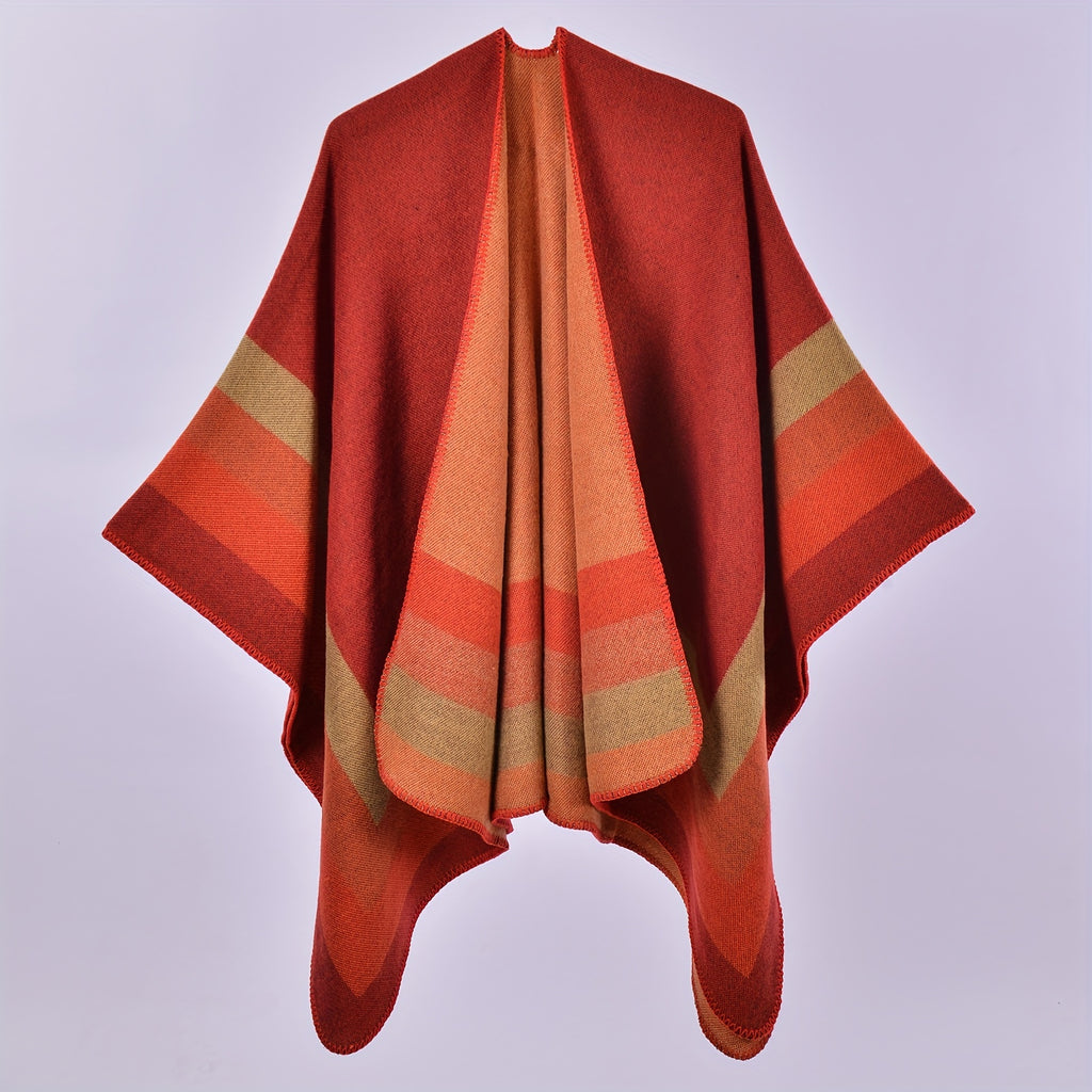 Stripe Jacquard Large Shawl Vintage Imitation Cashmere Warm Cape Scarf Blanket Wraps Reversible Windproof Cardigan