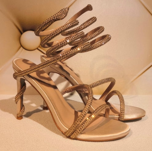 woloong  Red\Black\White Serpentine Winding Crystal Sandals Women Rhinestones Ankle Laces Stiletto Summer Pump Luxury New Party Fit Shoes