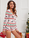 goosudu  Women Christmas Printed Pattern Pajama Button V-neck Long Sleeve Bodycon Playsuit Casual Homewear Red/ Wine Red/ Navy/ Black