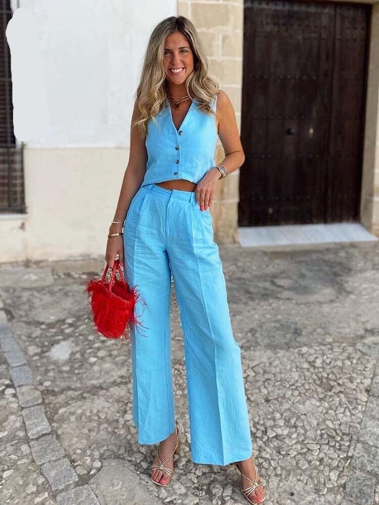 Women Pants 2 Pieces Sets Fashion Linen Vest Tops+Straight Pants Office Suit Vintage Woman Two Pieces Outfit