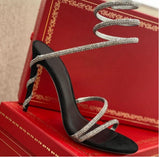 woloong  Red\Black\White Serpentine Winding Crystal Sandals Women Rhinestones Ankle Laces Stiletto Summer Pump Luxury New Party Fit Shoes