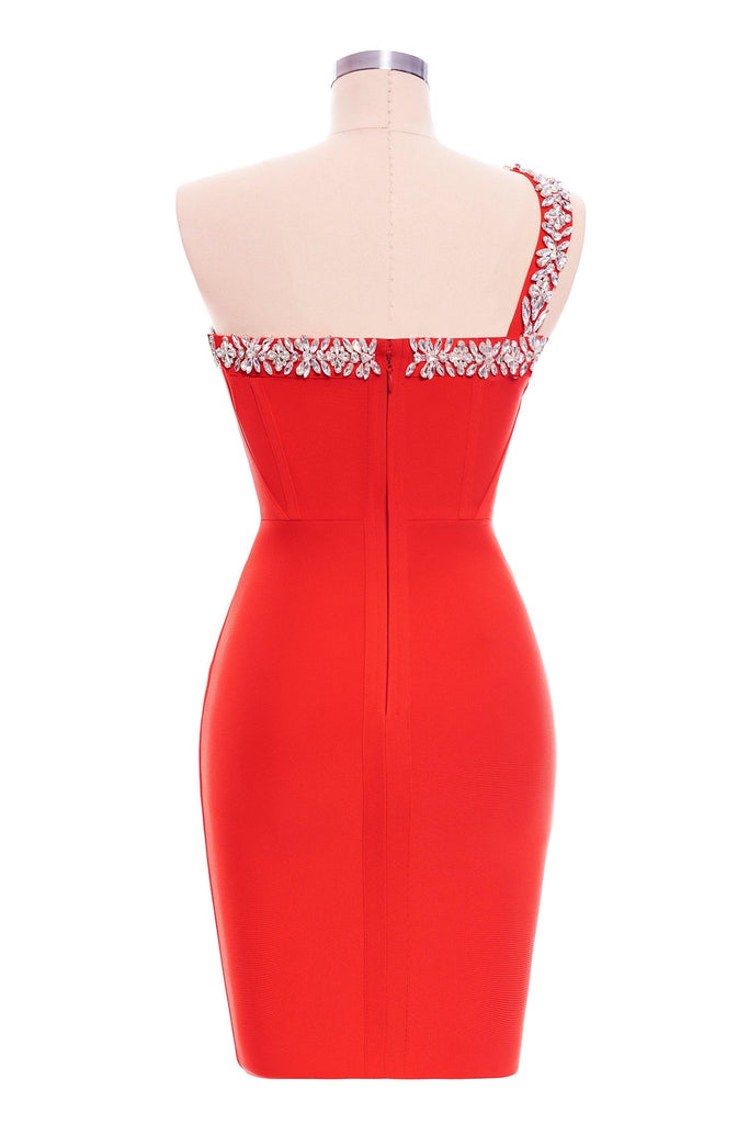goosudu Rhinestone One Shoulder Bandage Cocktail Dress - Red