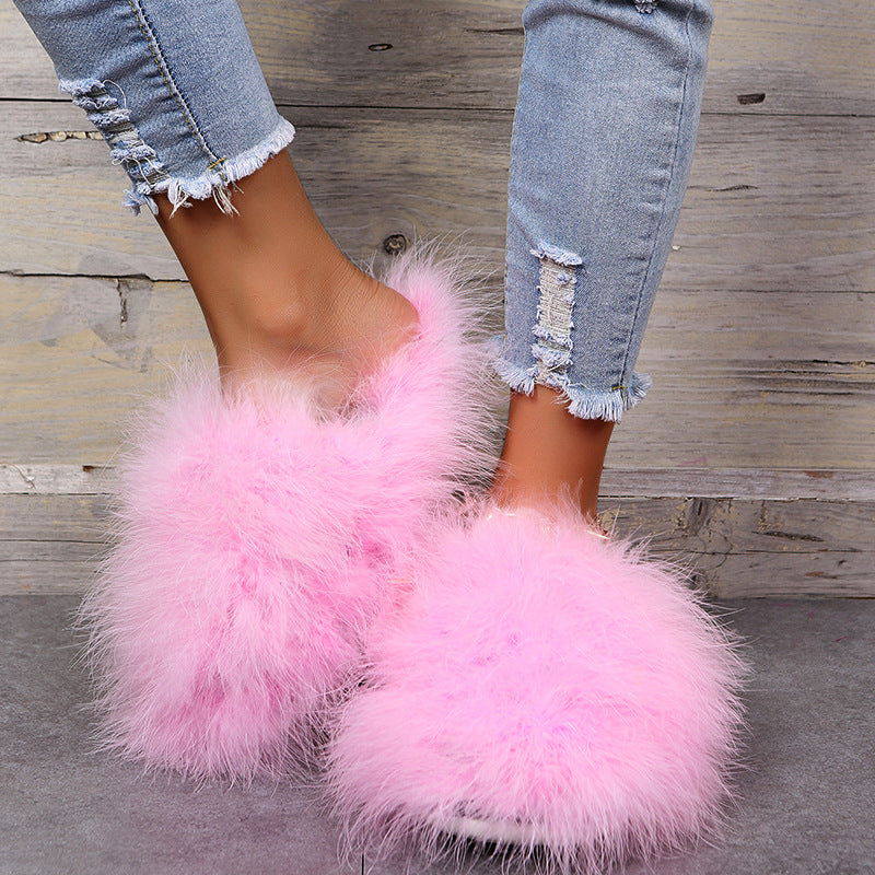 New Faux Fox Fur Slippers Women's Furry Warm Flip Flops Fullfy Raccoon Fur Slides Flat Comfortable Home Shoes Plus Size Couple