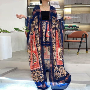 two-piece suit Bohemian Printed Over Size V-neck Batwing Sleeve trab Dress Women Elastic Silk Floor Length New Fashion Tide