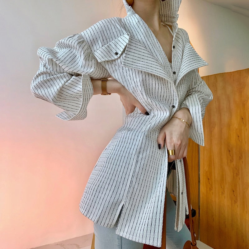 woloong  Korean Patchwork Ruffle Shirt For Women Lapel Long Sleeve Striped Casual Fake Two Shirts Female Fashion New Clothes
