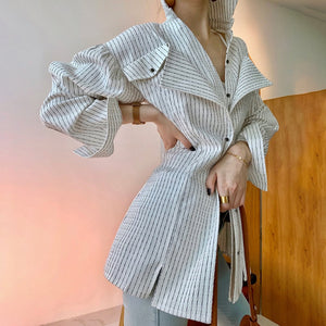 woloong  Korean Patchwork Ruffle Shirt For Women Lapel Long Sleeve Striped Casual Fake Two Shirts Female Fashion New Clothes