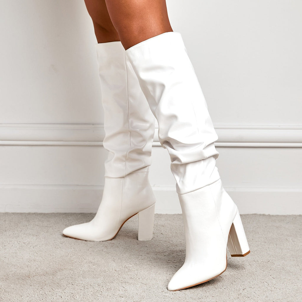 woloong New Brand Ladies Knee-High Boot Winter Folds Warm Square Heels Shoes Fashion Sexy Long Boots Solid Color Footwear