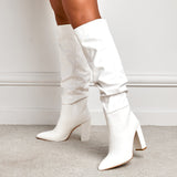 woloong New Brand Ladies Knee-High Boot Winter Folds Warm Square Heels Shoes Fashion Sexy Long Boots Solid Color Footwear