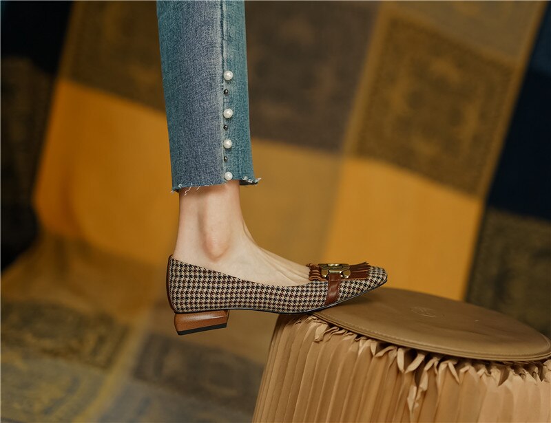 woloong  New Genuine Leather Women Shoes Fashion Tassel Beads Spring Pump Square Toe Slip-On Casual Shoes Thick Heel Size 35-42 Handmade