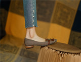 woloong  New Genuine Leather Women Shoes Fashion Tassel Beads Spring Pump Square Toe Slip-On Casual Shoes Thick Heel Size 35-42 Handmade
