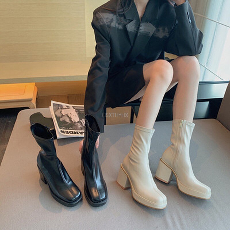 woloong New Autumn Winter Women Zipper Round Toe Booties New Brand Fashion Leather Ankle Boots Low Square Heels Chelsea Shoes