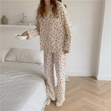 goosudu Cotton Pajamas Set Comfortable Long Sleeve Lovely Sweet Leisurewear Home Suit Spring Sleepwear Soft Korean Heart Print Kawaii