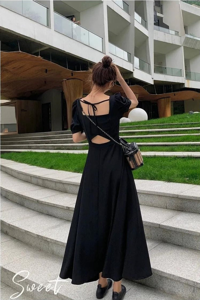 Dress Womens Chic Vintage Black High Waist Square Collar Puff Sleeve Bow A-line Classy Retro Elegant French Female Clothing New
