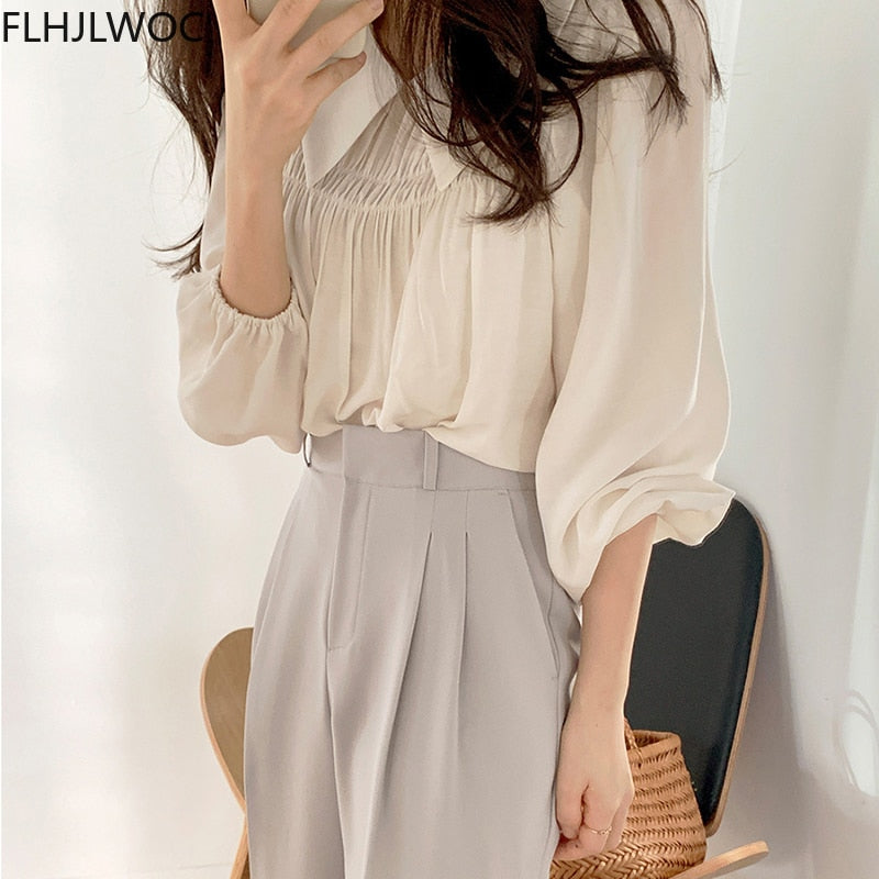 woloong Chic Korea Japanese Fenimine Clothes Women New Design Long Sleeve Solid Retro Vintage Black Pink Cute Tops And Blouses