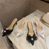 woloong New Baotou Half Drag Thin Heel Bow Sandals Pointed Pearl High Heel Muller Shoes