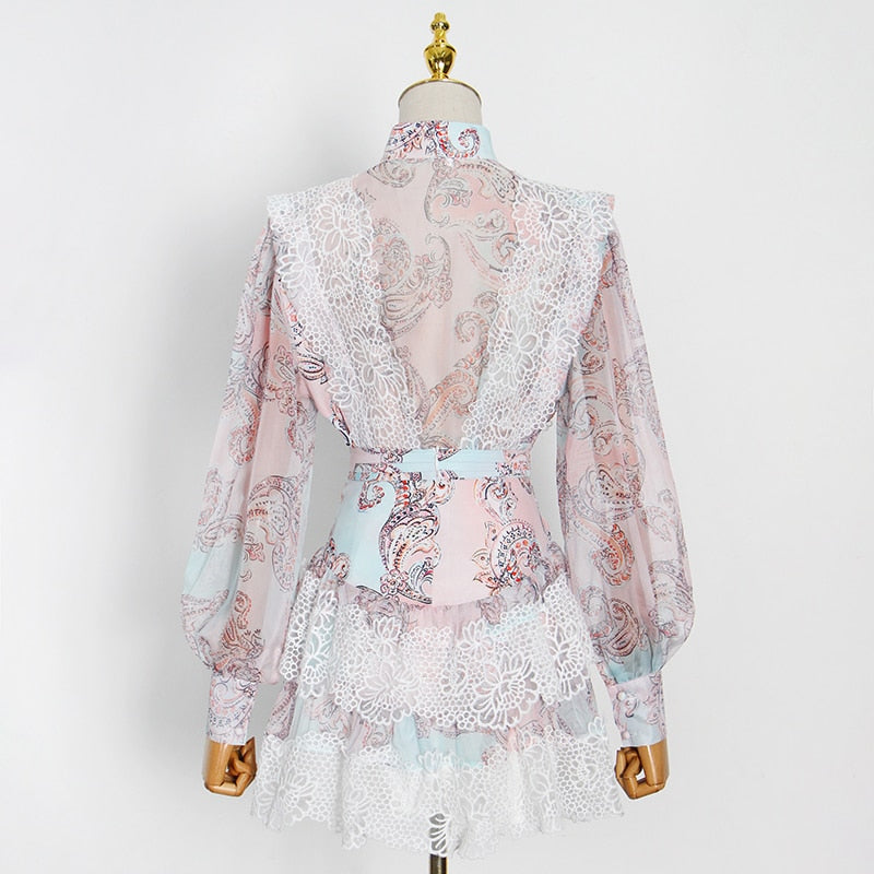 woloong  Sweet Patchwork Lace Set For Women Stand Collar Long Sleeve Shirt High Waist Skirt Print Sets Female Fashion New