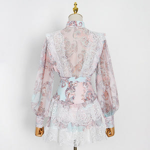 woloong  Sweet Patchwork Lace Set For Women Stand Collar Long Sleeve Shirt High Waist Skirt Print Sets Female Fashion New