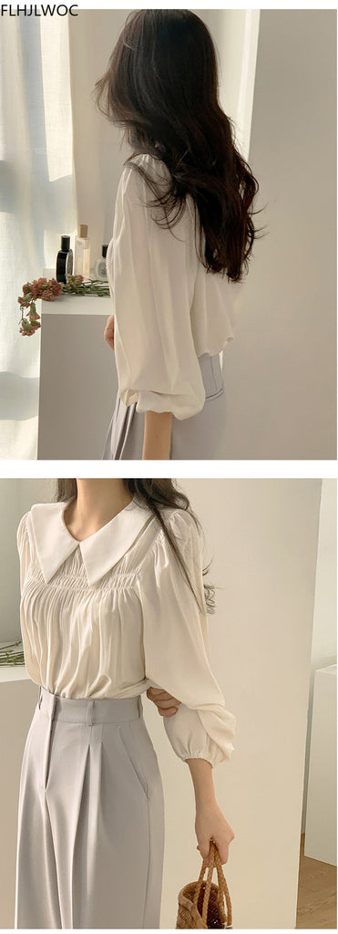 woloong Chic Korea Japanese Fenimine Clothes Women New Design Long Sleeve Solid Retro Vintage Black Pink Cute Tops And Blouses