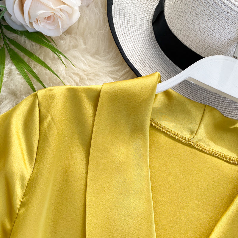 New Women Blouse V-neck Poplin Three Quarter Flare Sleeves Slim Blouse Ladies Casual Flounced Solid Draped Shirt Tops