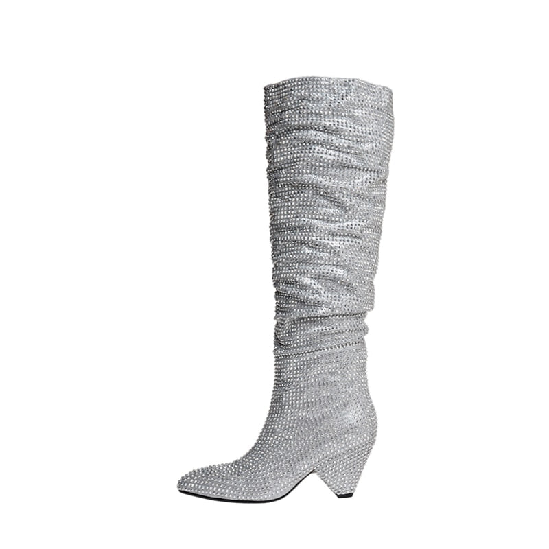 woloong New Crystal Shoes Woman Pointed Toe Over Knee High Boots Sexy Rhinestone Chunky Spike Heel Boots Ladies Shoes Botas Mujer