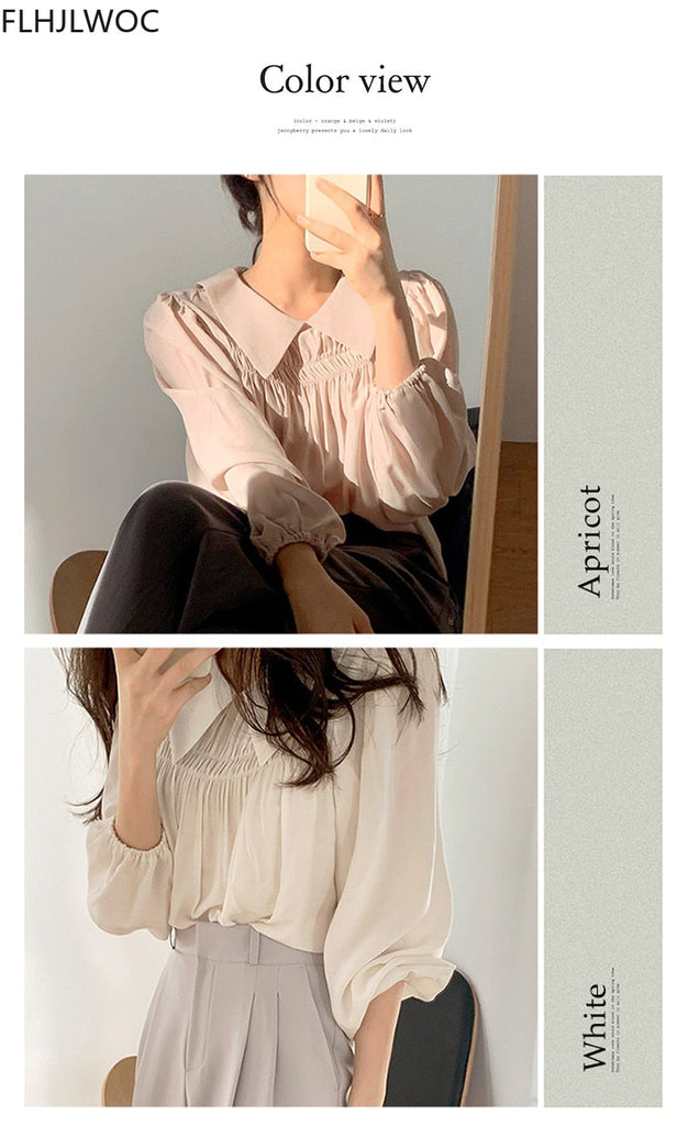 woloong Chic Korea Japanese Fenimine Clothes Women New Design Long Sleeve Solid Retro Vintage Black Pink Cute Tops And Blouses