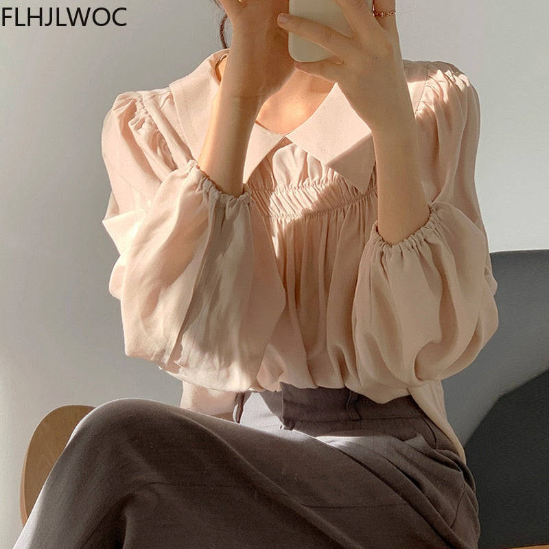 woloong Chic Korea Japanese Fenimine Clothes Women New Design Long Sleeve Solid Retro Vintage Black Pink Cute Tops And Blouses