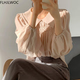 woloong Chic Korea Japanese Fenimine Clothes Women New Design Long Sleeve Solid Retro Vintage Black Pink Cute Tops And Blouses