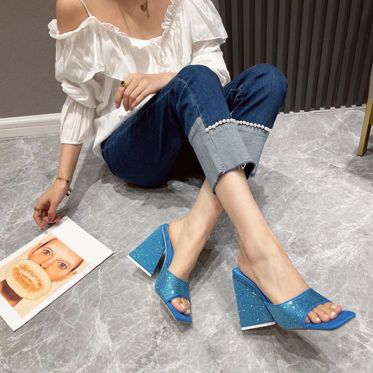 New Summer CRYSTAL Triangle Thick heel Slippers Sexy Street Woman Square toes Dress Party shoes size 35-41