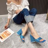 New Summer CRYSTAL Triangle Thick heel Slippers Sexy Street Woman Square toes Dress Party shoes size 35-41