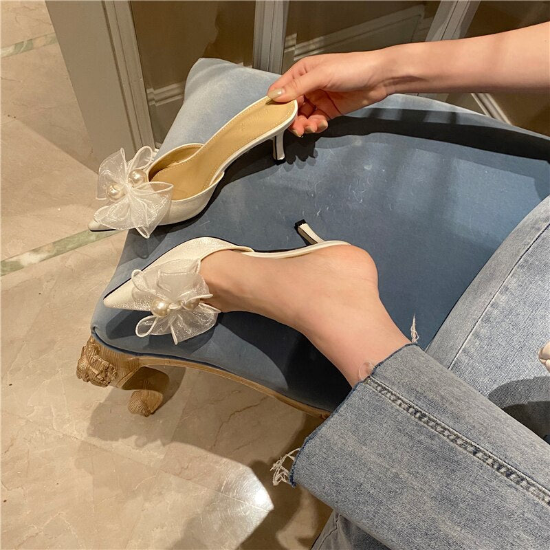 woloong New Baotou Half Drag Thin Heel Bow Sandals Pointed Pearl High Heel Muller Shoes