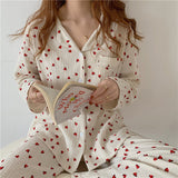 goosudu Cotton Pajamas Set Comfortable Long Sleeve Lovely Sweet Leisurewear Home Suit Spring Sleepwear Soft Korean Heart Print Kawaii