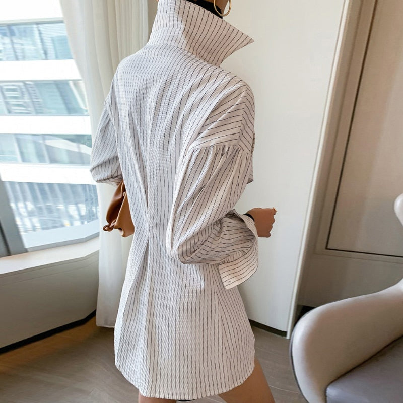 woloong  Korean Patchwork Ruffle Shirt For Women Lapel Long Sleeve Striped Casual Fake Two Shirts Female Fashion New Clothes