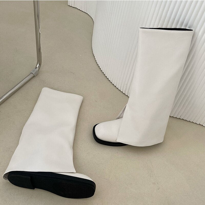 woloong New Brand Women Boots Knee-high Flat Heel Long Boots Shoes Ladies Winter Slip On Square Toe Casual Martin Boots