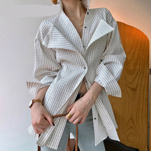 woloong  Korean Patchwork Ruffle Shirt For Women Lapel Long Sleeve Striped Casual Fake Two Shirts Female Fashion New Clothes