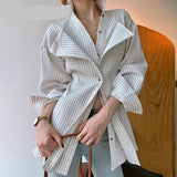 woloong  Korean Patchwork Ruffle Shirt For Women Lapel Long Sleeve Striped Casual Fake Two Shirts Female Fashion New Clothes