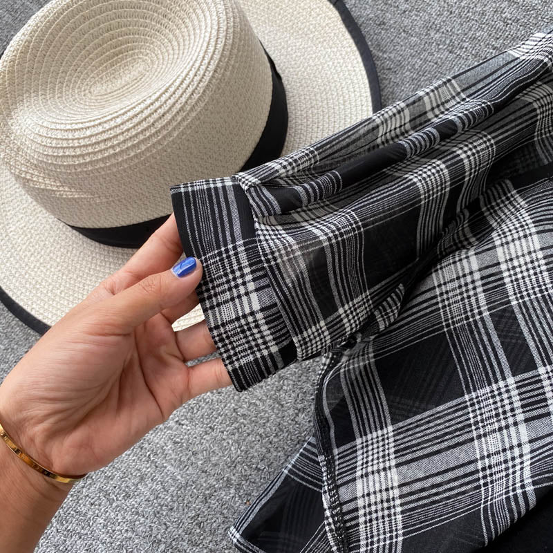 New Summer Autumn Casual Two Piece Set Long Sleeve Plaid Grey Overcoats Spaghetti Strap Slim Black Solid Dress