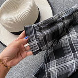 New Summer Autumn Casual Two Piece Set Long Sleeve Plaid Grey Overcoats Spaghetti Strap Slim Black Solid Dress