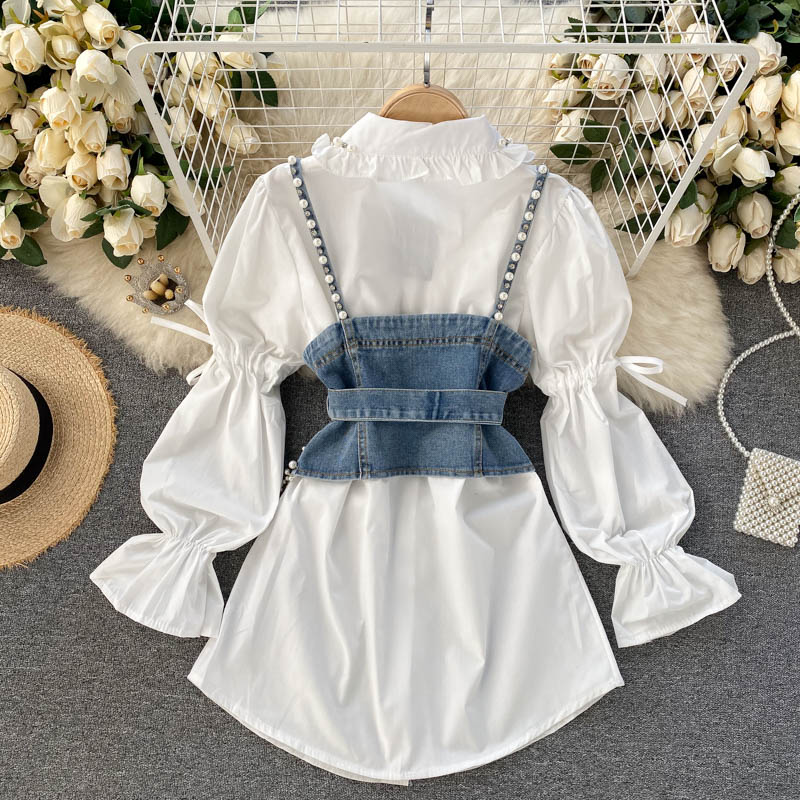 Spring New Blouse Women's Diamond Beaded Puff Sleeve Blusa Top Tassel Pearl Sling Waistcoat Two-piece Stacking Shirt C813