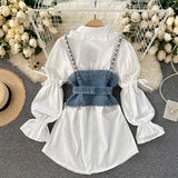 Spring New Blouse Women's Diamond Beaded Puff Sleeve Blusa Top Tassel Pearl Sling Waistcoat Two-piece Stacking Shirt C813